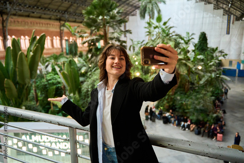 Young woman taking selfie showing tropical garden inside atocha train station