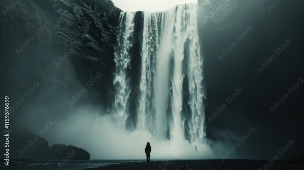 Obraz premium Majestic waterfall cascading down dark cliffs, solitary figure stands in awe.