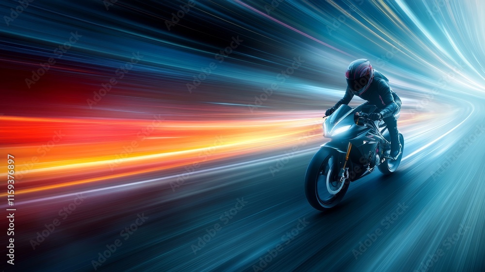 Fototapeta premium High-Speed Motorcycle Racing Through Dynamic Light Trails Creating a Vibrant Motion Effect Capturing the Thrill of Adventure on a Modern Sportbike