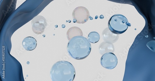 3D illustration of the interaction between liquid bubbles and tissue in a circular pattern. The concept behind the interaction between detergents, water, and soap, as well as the bleaching and softeni photo