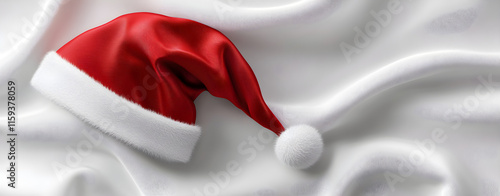 Classic Red Santa Hat on Silky White Fabric Background. AI generative.