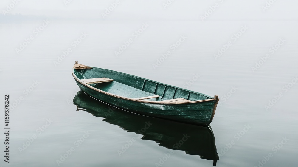 Lonely boat on misty lake with calm reflections Lonely boat on misty lake with calm reflections