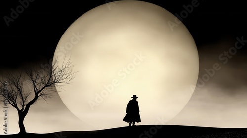 Mysterious silhouette walking full moon in foggy landscape photo