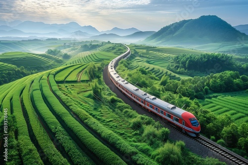 A scenic train journey through lush green landscapes and rolling hills under a bright sky. photo