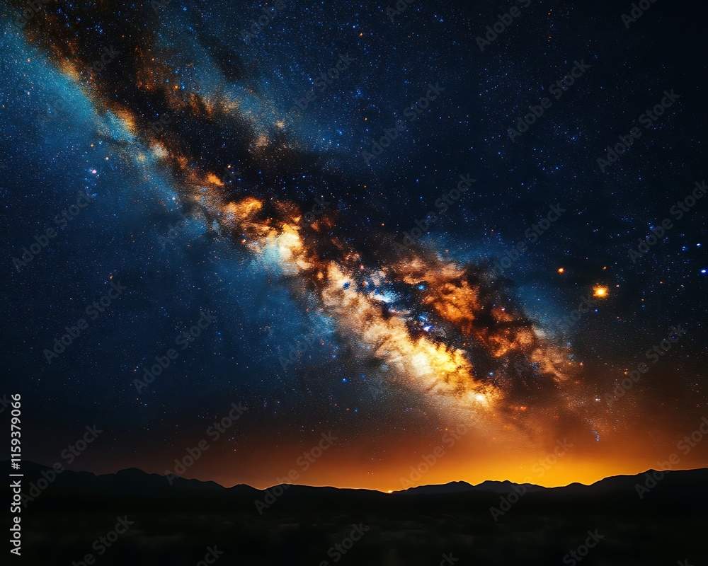 Majestic Milky Way galaxy over a dark landscape at sunset. Majestic Milky Way galaxy over a dark landscape at sunset.