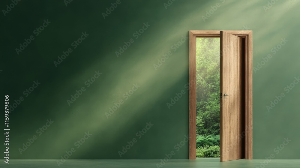 A Tranquil Open Door Leading to a Lush Green Forest Surrounded by Natural Light and a Serene Atmosphere Inviting Exploration and Peace A Tranquil Open Door Leading to a Lush Green Forest Surrounded by Natural Light and a Serene Atmosphere Inviting Exploration and Peace