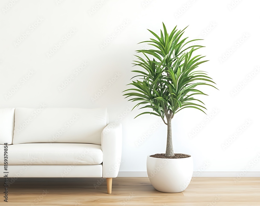 A clean and bright interior design setup with a white sofa, warm wooden floor, and a potted green plant on a plain white wall, ready for high-definition decor A clean and bright interior design setup with a white sofa, warm wooden floor, and a potted green plant on a plain white wall, ready for high-definition decor