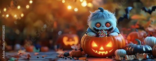 A chubby cartoon zombie sitting on a pumpkin and munching candy Chubby zombie enjoying candy on a pumpkin Whimsical cartoon zombie in a Halloween scene Playful undead munching sweets on a pumpkin photo