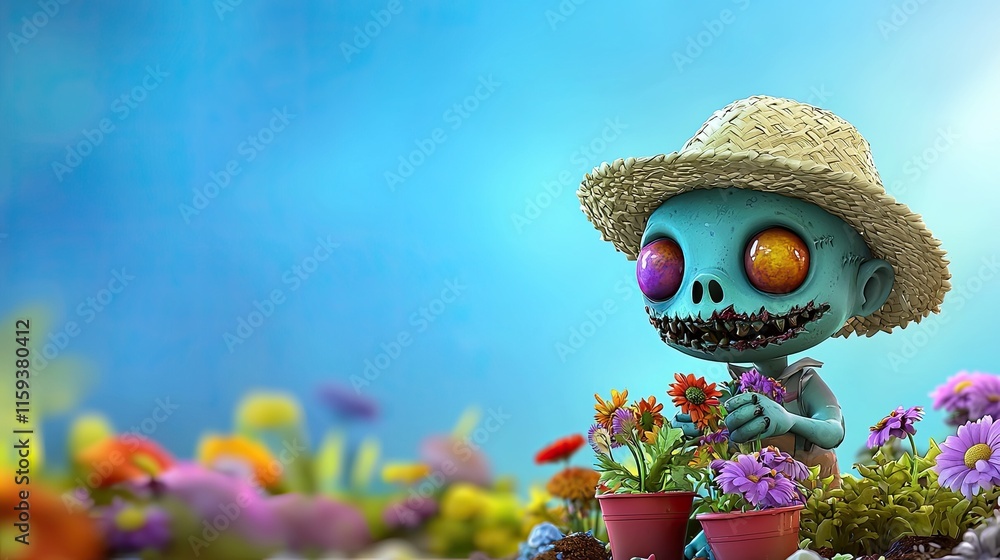 Fototapeta premium A cheerful cartoon zombie wearing straw hat planting Cheerful zombie gardener with a straw hat Whimsical cartoon zombie planting with joy Happy undead farmer tending the soil