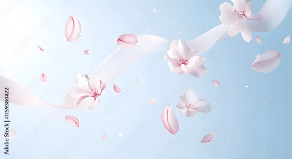 Spring breeze with flower petals swirling delicately on a pastel blue background. Spring breeze with flower petals swirling delicately on a pastel blue background.
