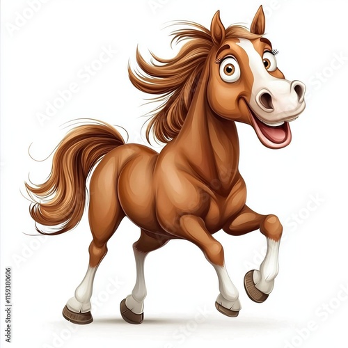 Funny cartoon horse galloping joyfully with expressive eyes on a clean white background