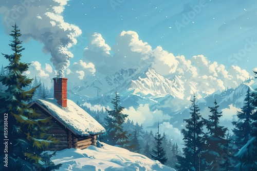 A serene winter landscape featuring a cozy cabin amidst snow-covered mountains and lush evergreen trees. photo