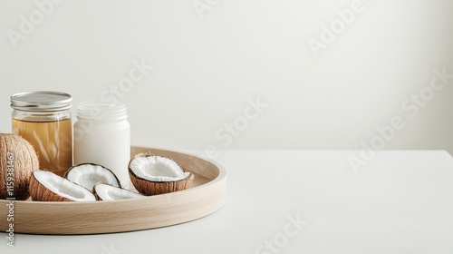 Natural light food photography coconut products in a minimalist kitchen photo