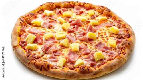 Pizza with ham and pineapple toppings. The pizza is on a white background. The pizza is very large and has a lot of toppings