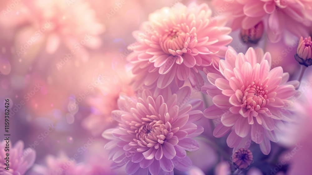 Fototapeta premium Soft focus, delicate pink chrysanthemum flowers in bloom, blurred background.