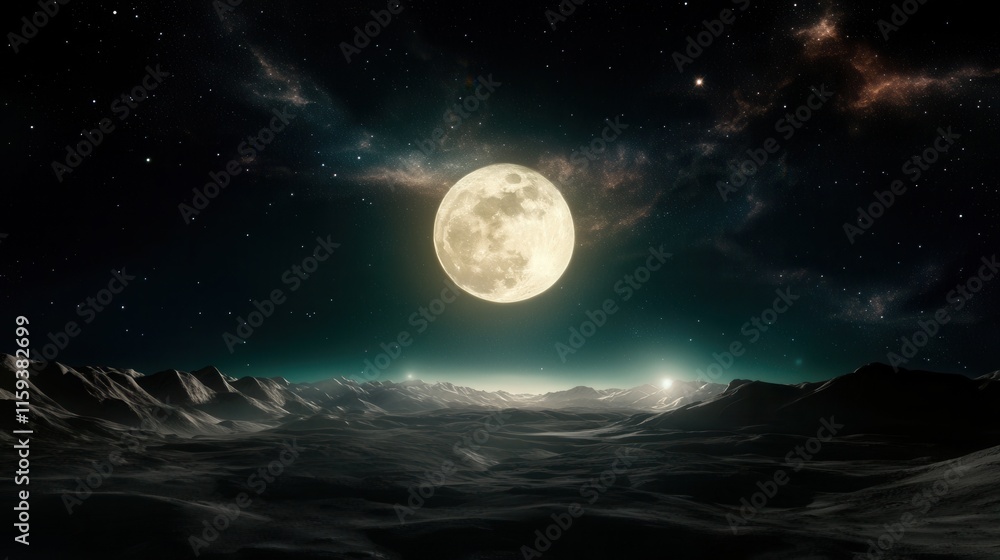Fototapeta premium Moonlit Martian landscape with stars galaxies