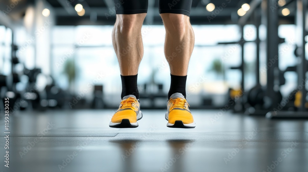 Fototapeta premium Close-Up View of Athlete's Legs in Bright Athletic Shoes Jumping on Gym Floor Surrounded by Exercise Equipment Creating Energetic Atmosphere for Fitness Photography