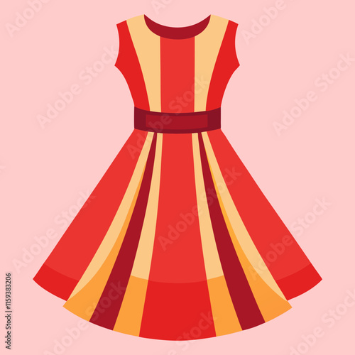 red striped dress vector illustration, a vibrant vector illustration of a red and yellow striped dress with a fitted waist and flared skirt on a pink background.  
