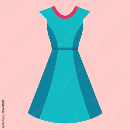 blue dress vector illustration, a simple and elegant vector illustration of a blue dress with dark blue accents and a pink neckline on a pink background.  
