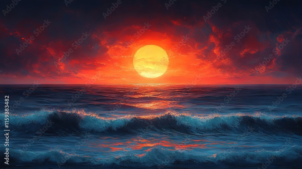 Spectacular sunset over the ocean featuring a massive radiant sun casting warm golden hues across the horizon and reflecting on tranquil sea waters Spectacular sunset over the ocean featuring a massive radiant sun casting warm golden hues across the horizon and reflecting on tranquil sea waters