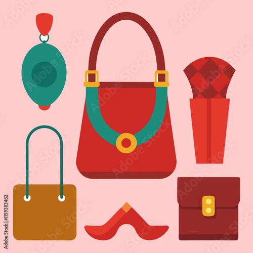 elegant fashion accessories vector set, a stylish vector set of fashion accessories, including handbags, shoes, and pouches, in bold colors on a pink background.
