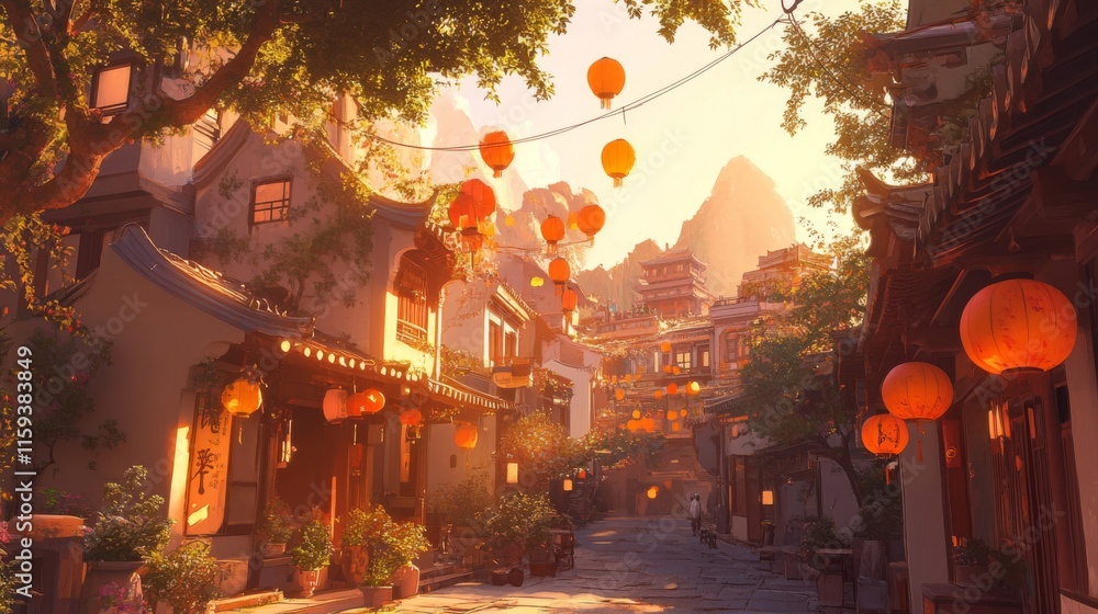 Obraz premium Serene Asian Street Scene Golden Hour Sunset