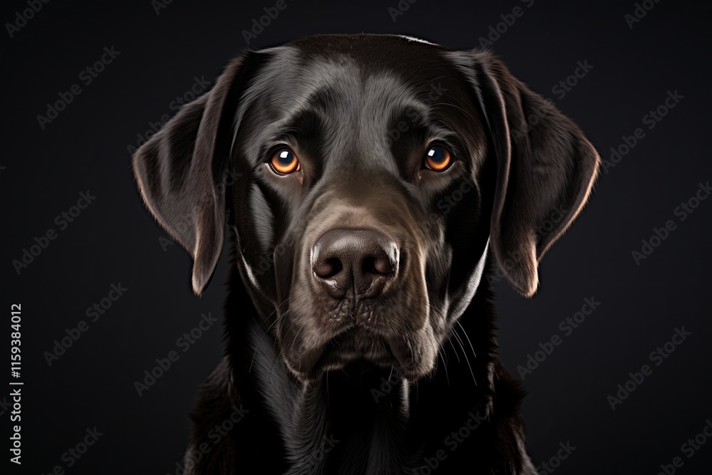 A striking portrait of a black Labrador dog with soulful eyes against a dark background, showcasing its beauty. A striking portrait of a black Labrador dog with soulful eyes against a dark background, showcasing its beauty.