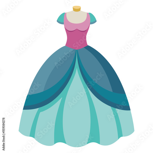 pink and teal ball gown with layered design vector, vector illustration of a pink and teal ball gown featuring a fitted bodice, puffed sleeves, and a layered flared skirt, designed in a flat style.  
