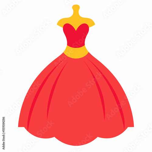 red ball gown with yellow accents vector, vector illustration of a red ball gown featuring a sweetheart neckline, yellow waistband, and flared skirt, designed in a minimal flat style.  
