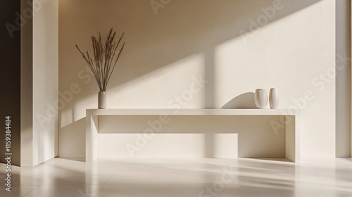 Modern minimalist foyer with minimal furnishings. Featuring a clean, open design with sleek lines