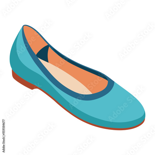 teal ballet flat shoe with orange sole vector, vector illustration of a teal ballet flat shoe featuring a rounded toe, orange sole, beige insole, and blue trim, designed in a flat style.
