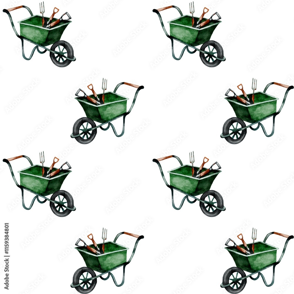 Wheelbarrows and gardening tools arranged in a repetitive pattern on a white background Wheelbarrows and gardening tools arranged in a repetitive pattern on a white background