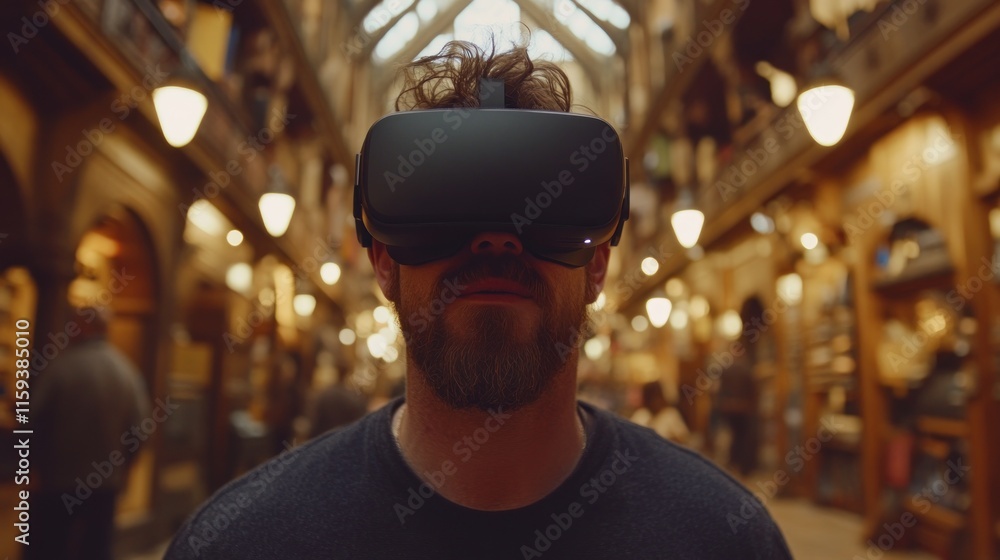 Man Experiencing Immersive Virtual Reality in a Vibrant Shopping Arcade Man Experiencing Immersive Virtual Reality in a Vibrant Shopping Arcade