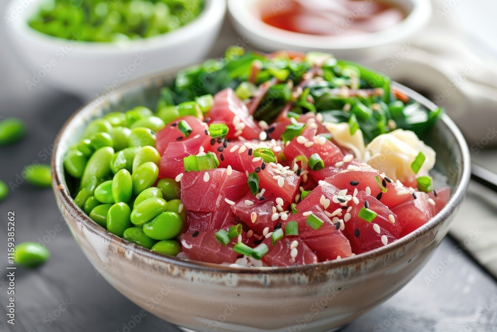 This dish showcases a vibrant and nutritious sushi bowl featuring raw tuna, edamame, seaweed, and other vegetables. Served with a side of soy sauce for dipping. This dish showcases a vibrant and nutritious sushi bowl featuring raw tuna, edamame, seaweed, and other vegetables. Served with a side of soy sauce for dipping.