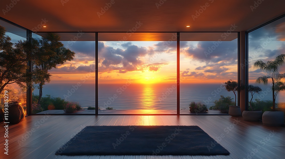 Fototapeta premium Sunset view from modern minimalist living room.