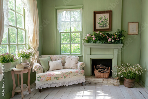 Charmantes Cottagecore-Wohnzimmer mit floralen Mustern und Pastellgrün