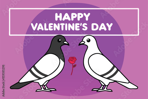 Valentine's Day Pigeon Couple with Rose Vector Illustration photo