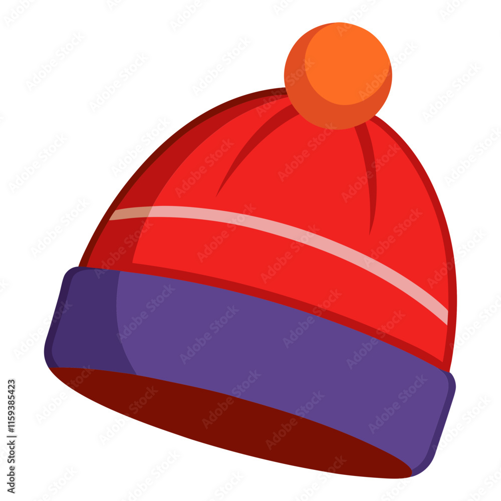 red winter beanie with orange pom-pom vector, vector illustration of a red winter beanie featuring an orange pom-pom, purple cuff, and white stripe detail, in a flat style.
red winter beanie with orange pom-pom vector, vector illustration of a red winter beanie featuring an orange pom-pom, purple cuff, and white stripe detail, in a flat style.