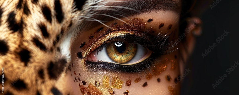 Portrait of model woman with golden wild cat eye leopard makeup. Generative AI images Portrait of model woman with golden wild cat eye leopard makeup. Generative AI images