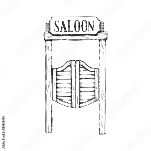 Vector hand-drawn illustration of Saloon doors. Black and white sketch of western symbol. Wild West aesthetic.