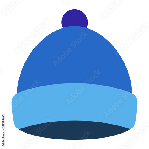 blue winter beanie with pom-pom vector, vector illustration of a blue winter beanie featuring a light blue cuff and a dark blue pom-pom, in a minimal flat style.
