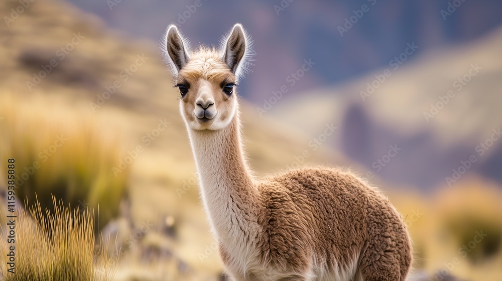 A vicuña stands in a high-altitude plain, surrounded by golden grasses and distant mountains. A vicuña stands in a high-altitude plain, surrounded by golden grasses and distant mountains.