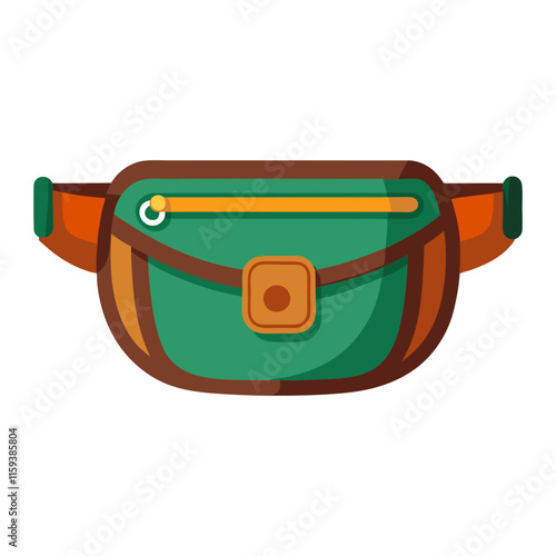 green and brown belt bag vector illustration, vector illustration of a green and brown belt bag with a front zipper and buckle, designed in a modern flat style.
