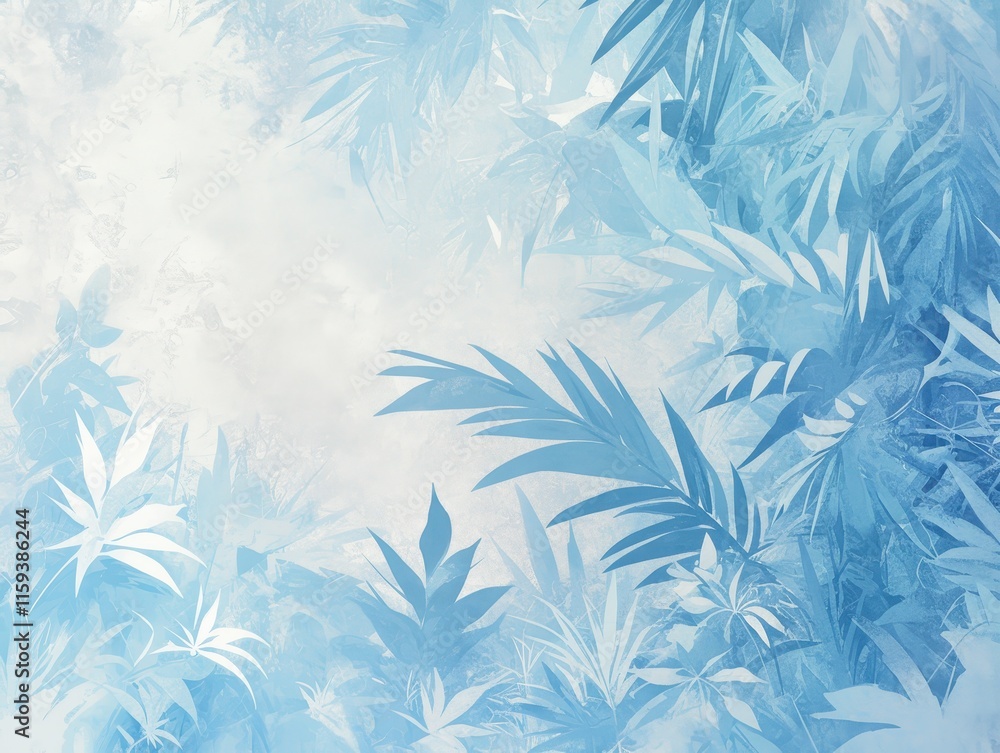 A serene blue background featuring abstract leaves and foliage. A serene blue background featuring abstract leaves and foliage.