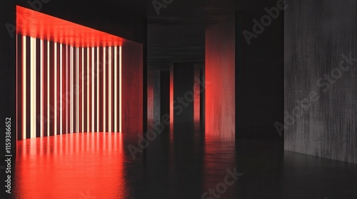 Modern dark corridor illuminated red neon lights