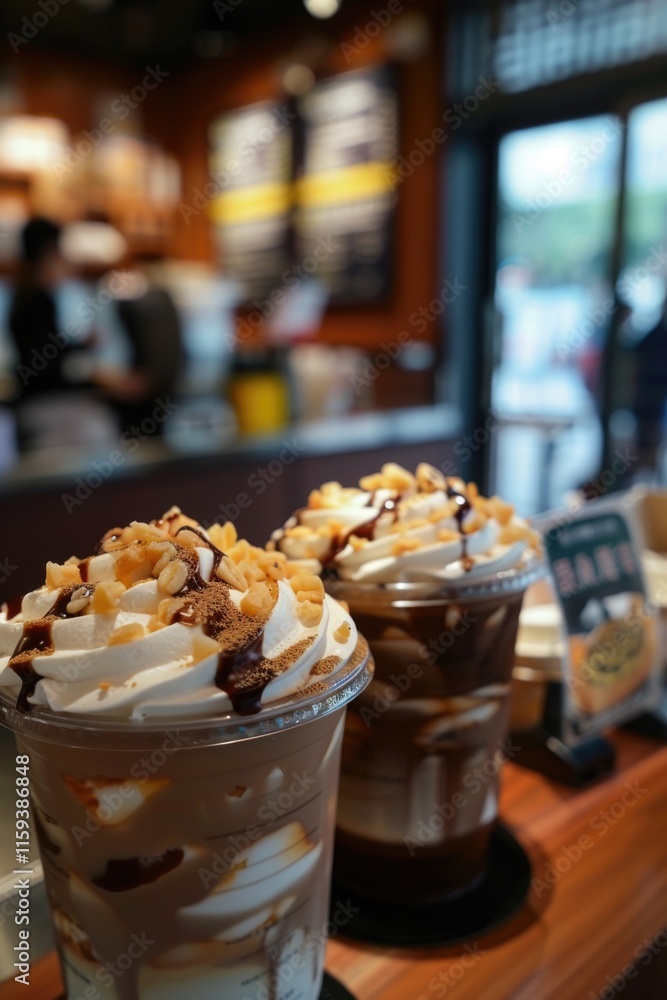 This image features two delicious dessert drinks from a modern, upscale coffee shop. The beverages are served in clear cups to showcase their appealing layers and presentation. This image features two delicious dessert drinks from a modern, upscale coffee shop. The beverages are served in clear cups to showcase their appealing layers and presentation.