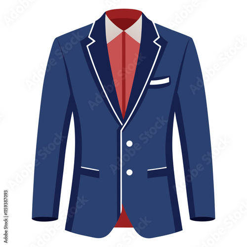 navy blazer with red shirt vector, vector illustration of a navy blazer featuring white piping details, paired with a red shirt underneath, in a flat design style.
