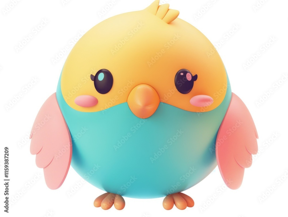 Brightly colored plush toy with round body, wings, and blue belly Brightly colored plush toy with round body, wings, and blue belly