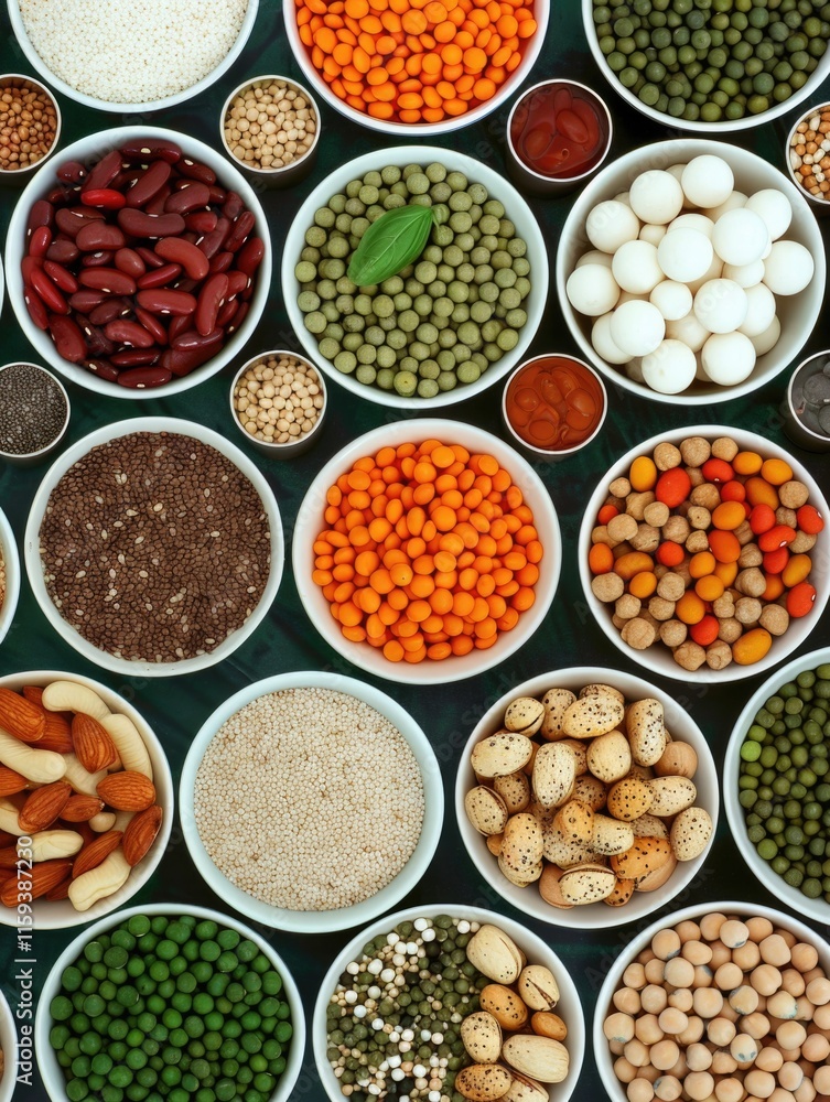 Close up of assorted beans and nuts in small white bowls, showcasing variety and diversity. Close up of assorted beans and nuts in small white bowls, showcasing variety and diversity.