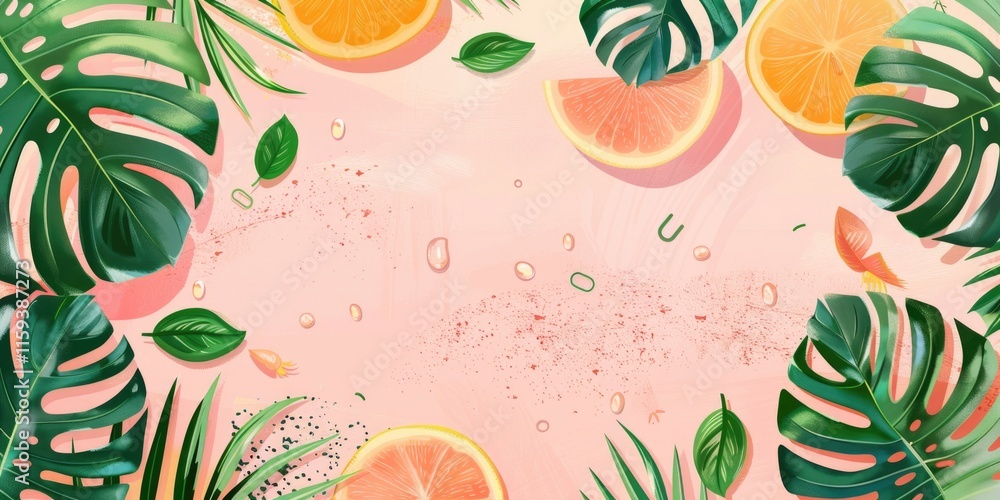 A vibrant tropical fruit scene with a collection of oranges, juice, palm leaves, and sandy beach in the background. A vibrant tropical fruit scene with a collection of oranges, juice, palm leaves, and sandy beach in the background.